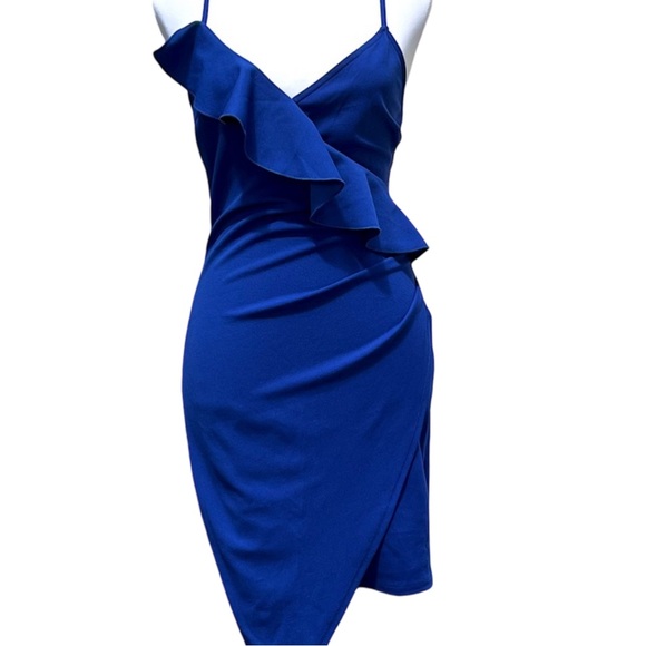 Lulus Dresses & Skirts - Lulu’s  Asymmetrical Ruffle V-neckline Bodycon Dress Stretch Size S Cobalt Blue